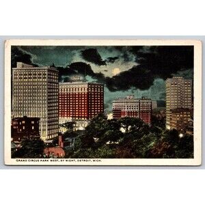 Postcard Michigan Detroit Grand Circus Park West by Night Moonlight c1920s MI
